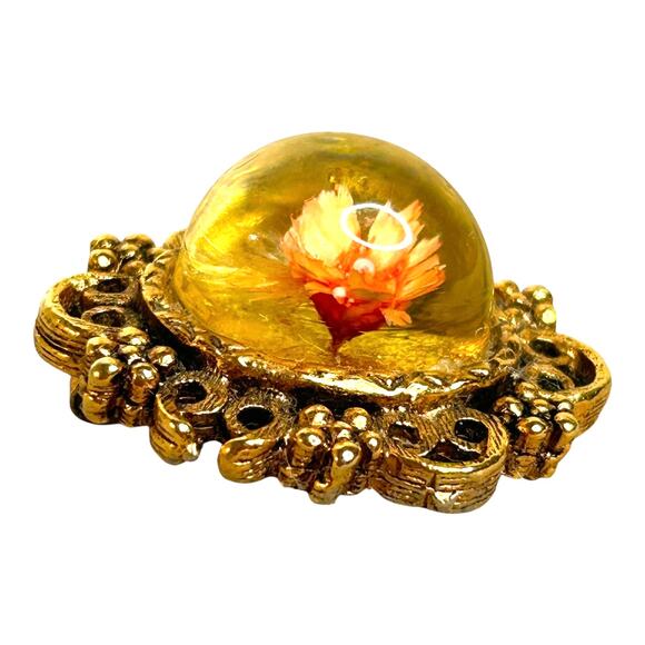 Vintage Floral Resin Globe Gold Tone Filigree Framed Pendant - Picture 2 of 5